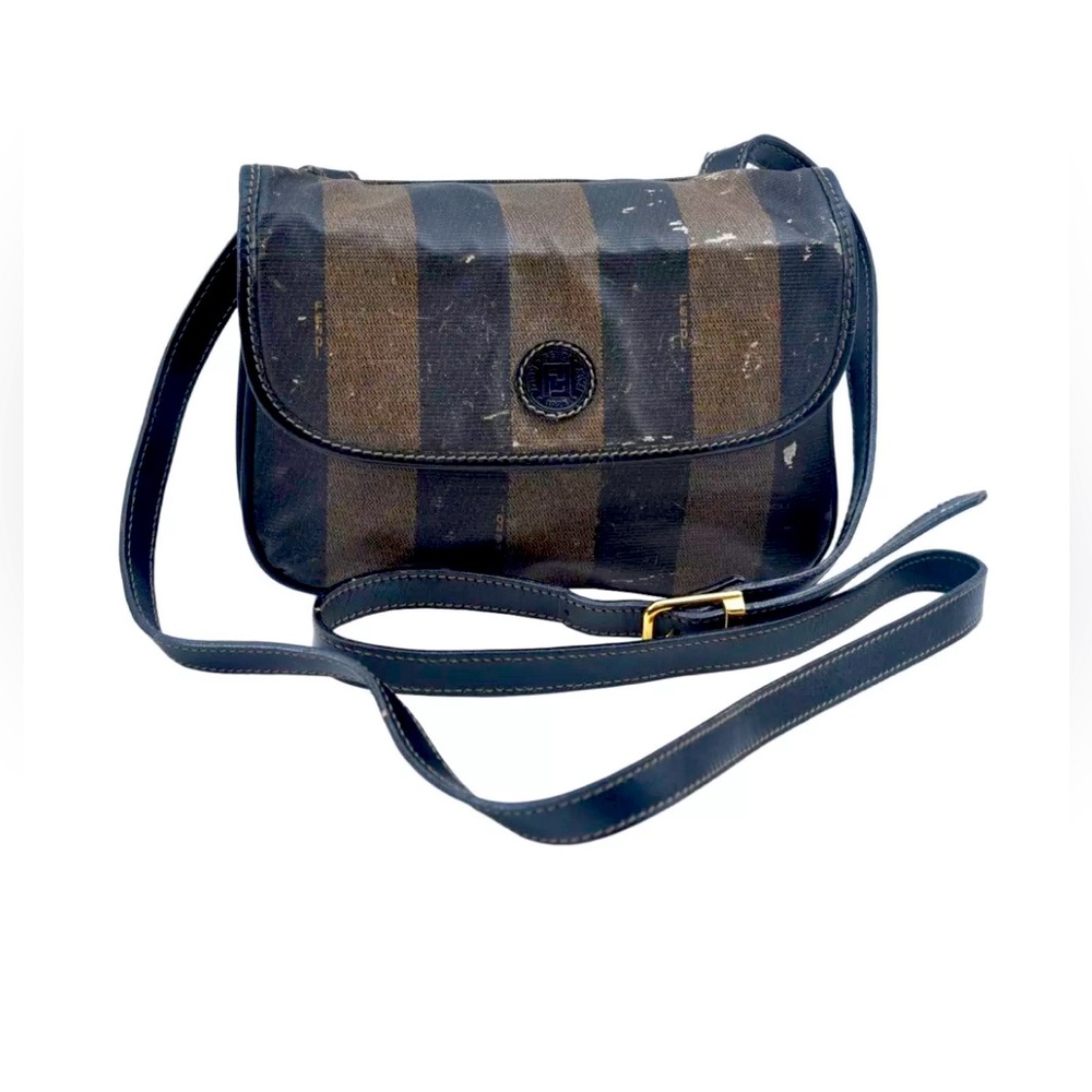Authentic FENDI Pequin Shoulder Cross Body Bag PVC Leather Brown Black - Picture 1 of 13